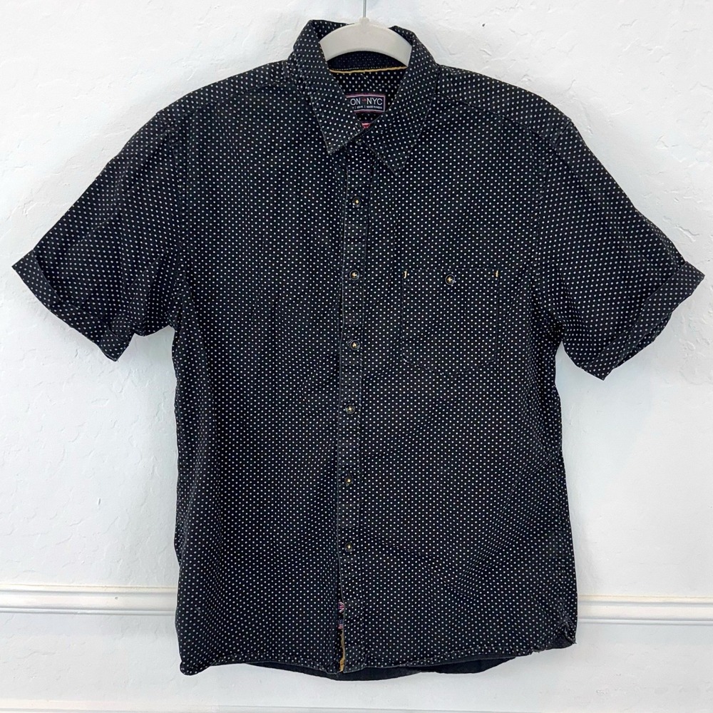 LON NYC Men's Black White Micro Dot Short Sleeve Button Up‎ Shirt Size Medium